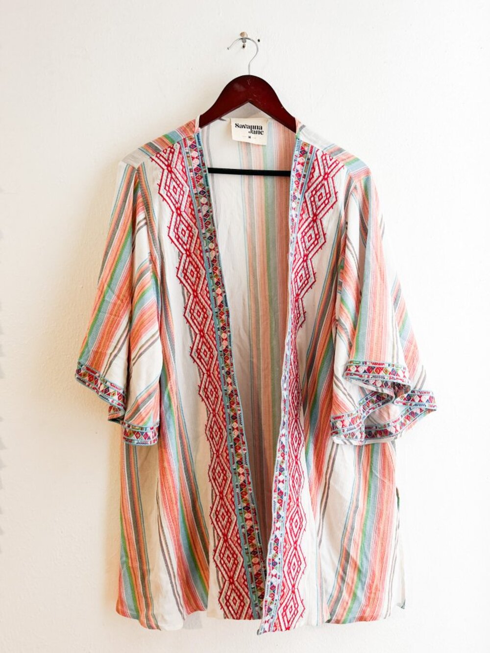 Savanna Jane Multicolor Embroidered Kimono Open Front Cardigan Duster SZ M